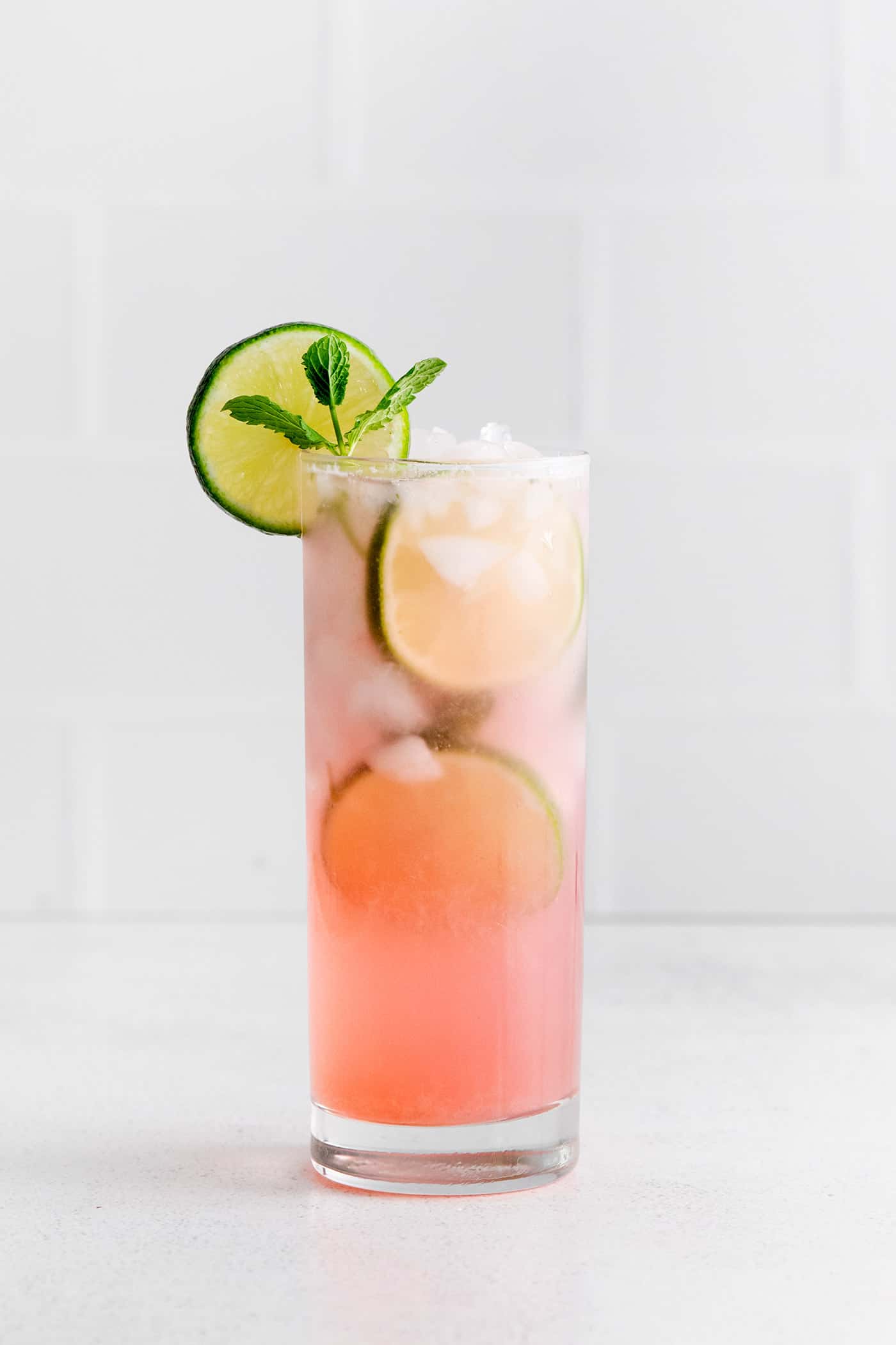 Rhubarb mojito garnished with lime slice