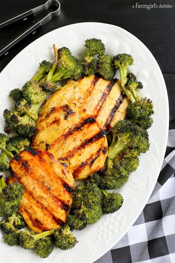 Grilled Chicken Breasts and broccoli on a white plate