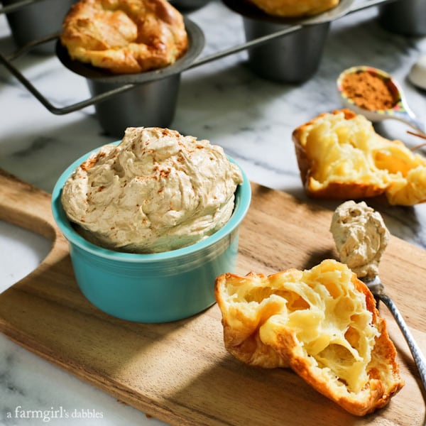 Fluffy Whipped Pumpkin Pie Spiced Butter and a pan of popovers