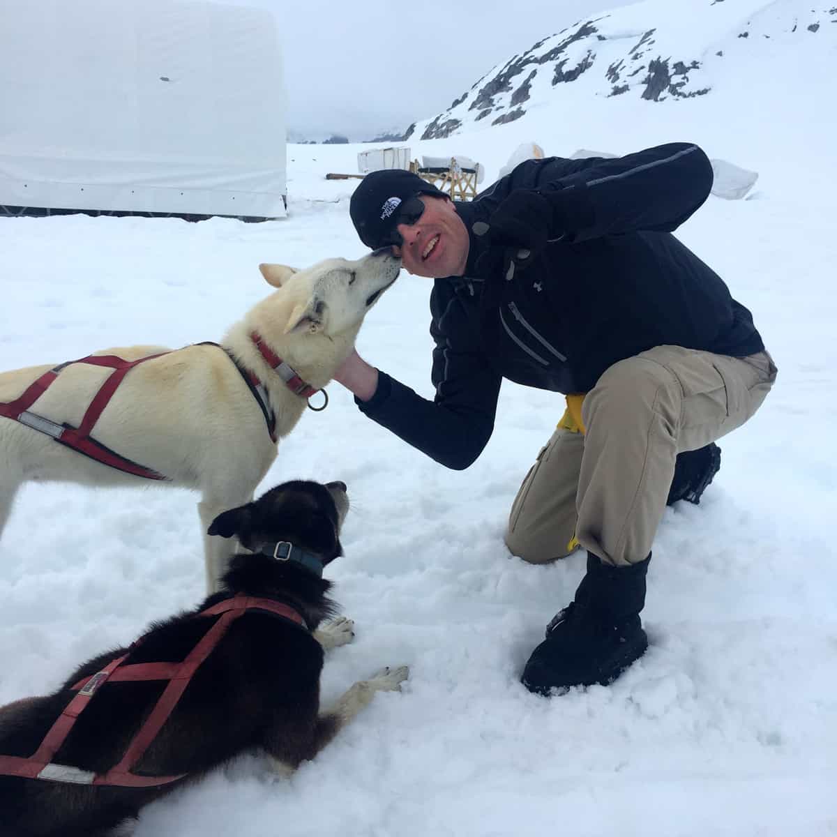 a man playing with two dogs