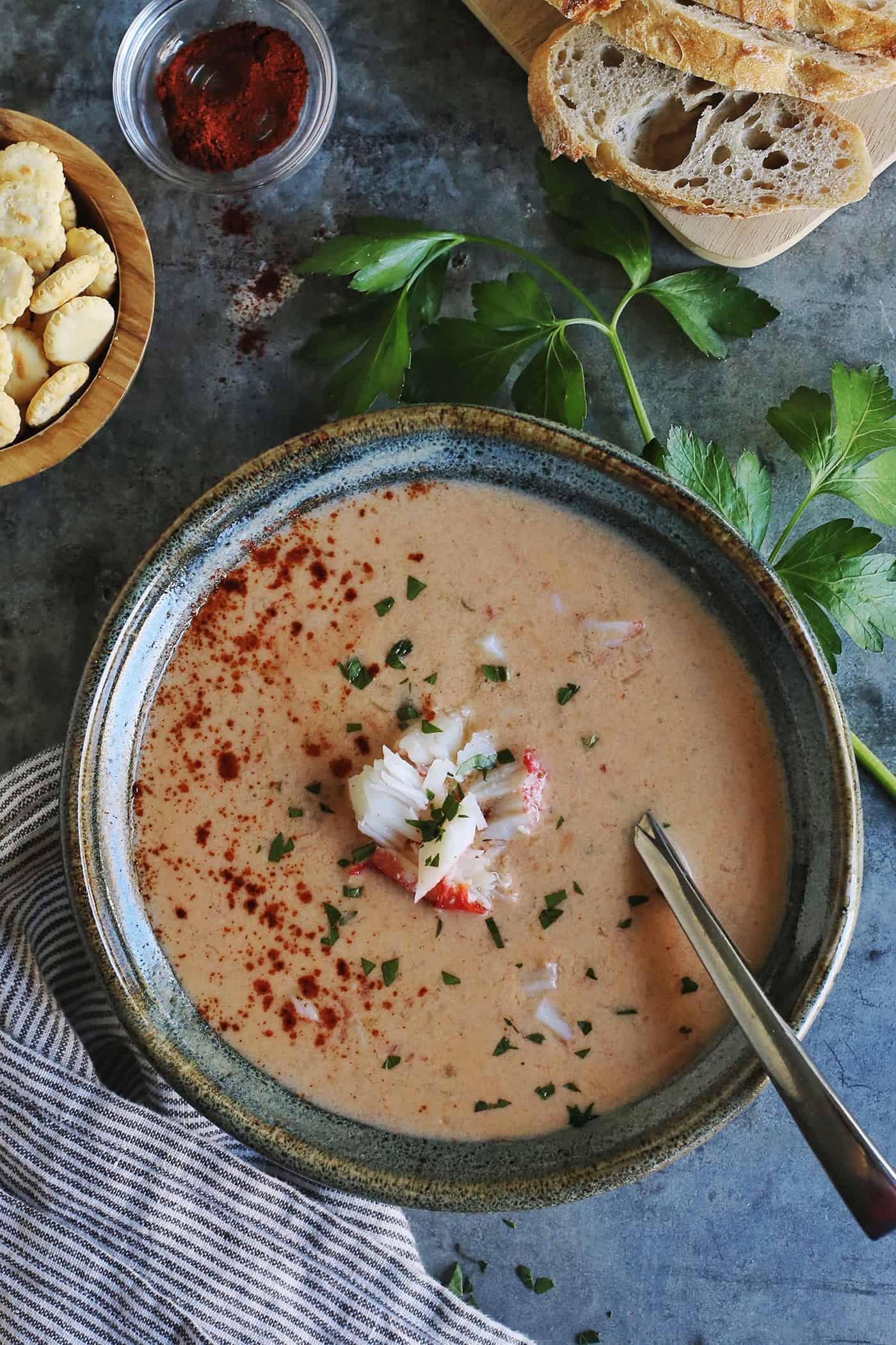 Overhead view of a bowl of crab bisque