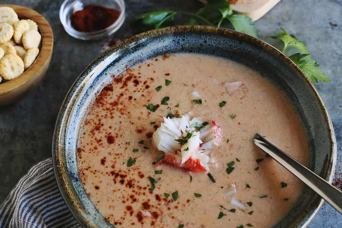 Overhead view of a bowl of crab bisque