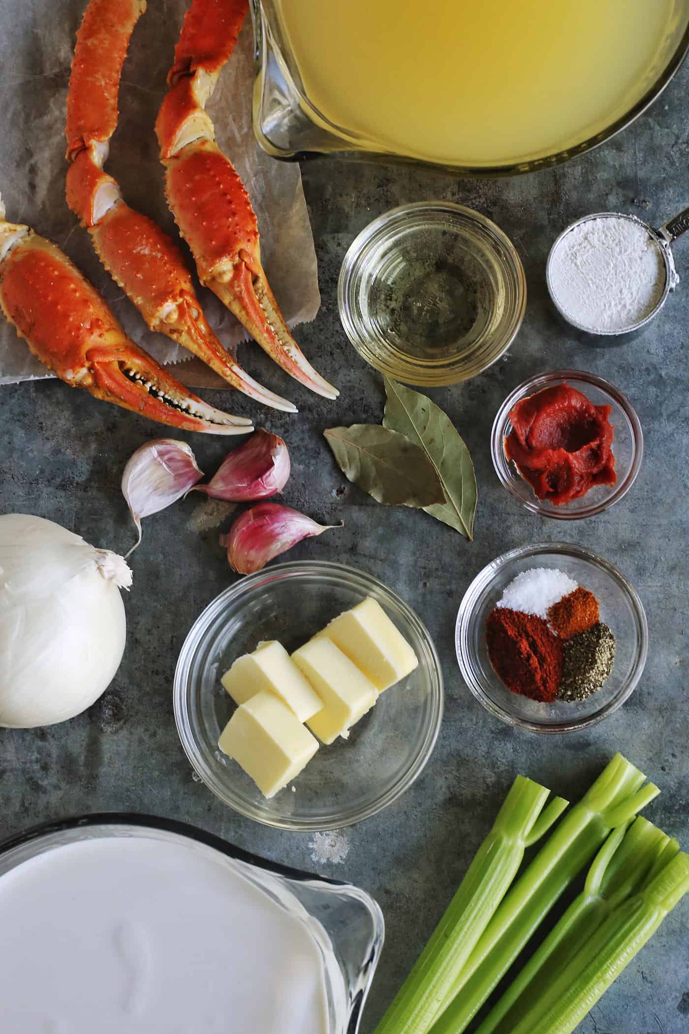 The ingredients needed to make crab bisque