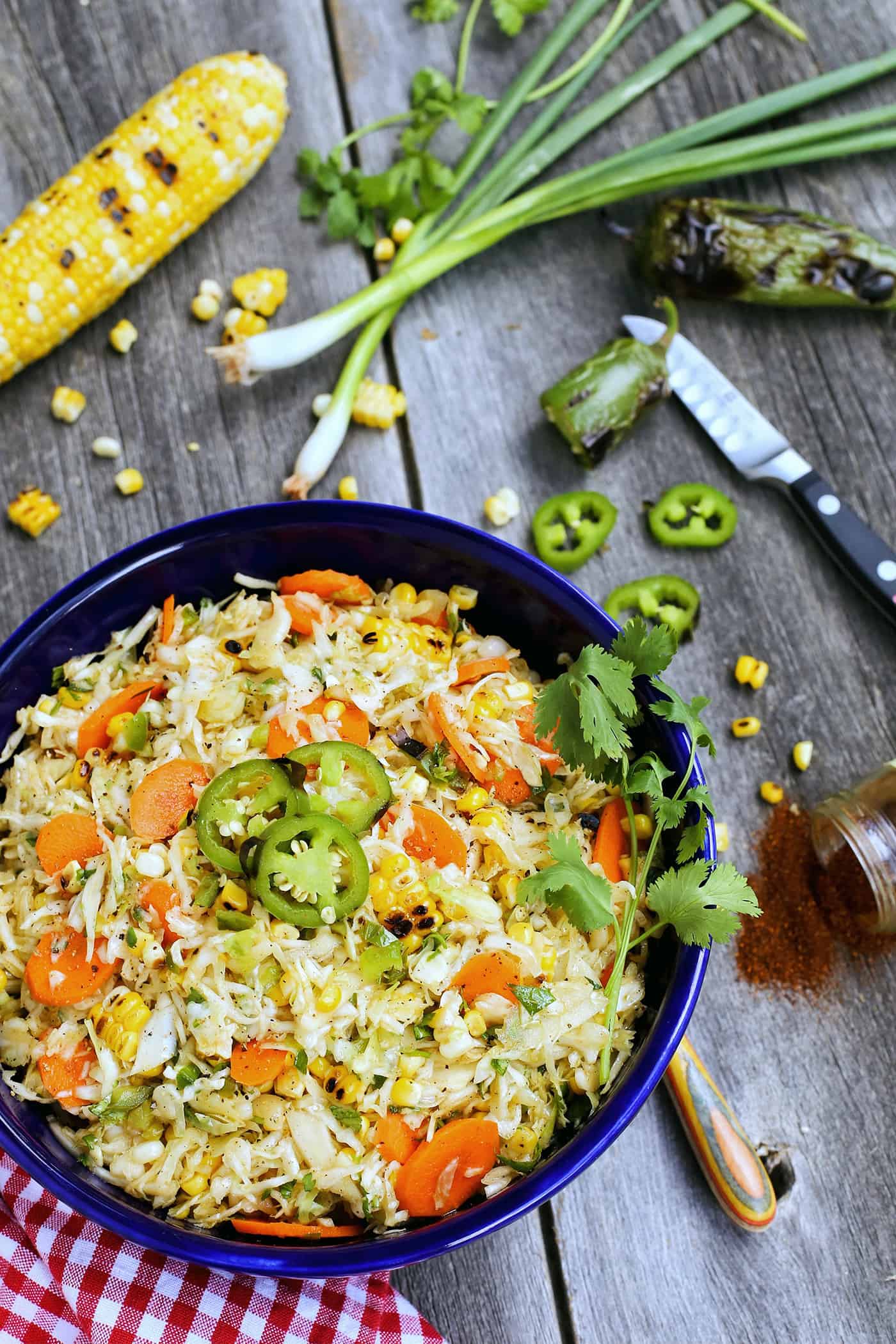 A bowl of grilled corn and jalapeno slaw