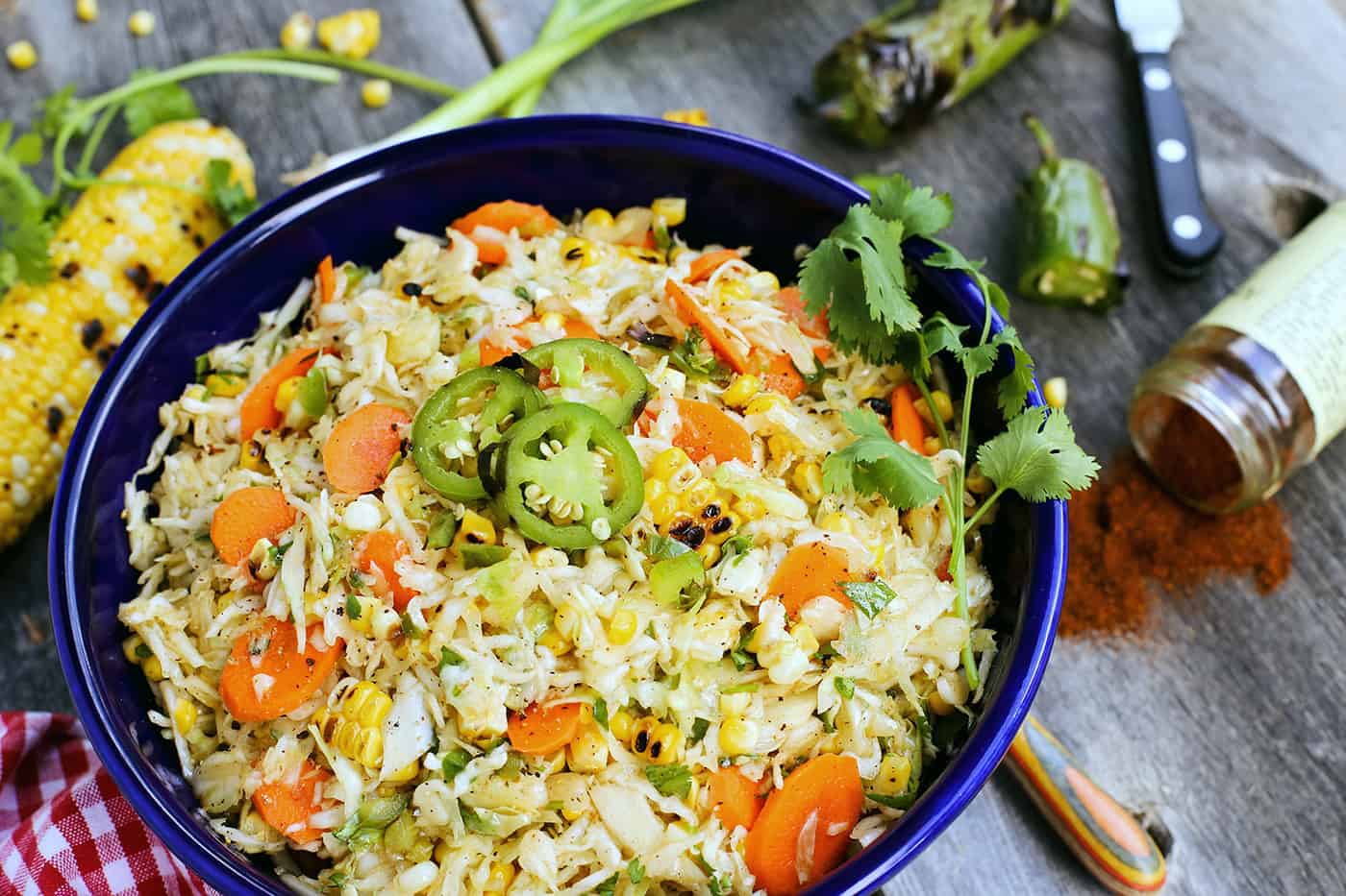 A bowl of grilled corn and jalapeno slaw