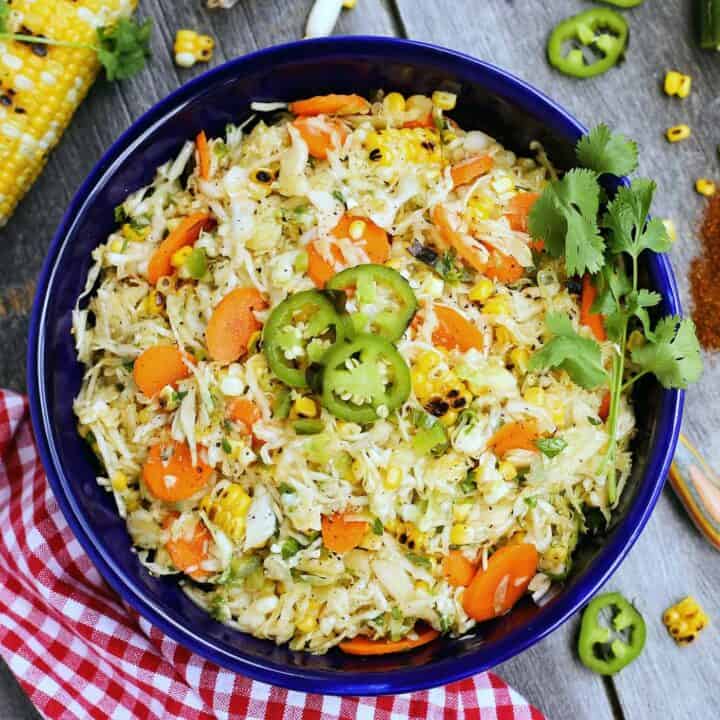 A bowl of grilled sweet corn and jalapeno slaw