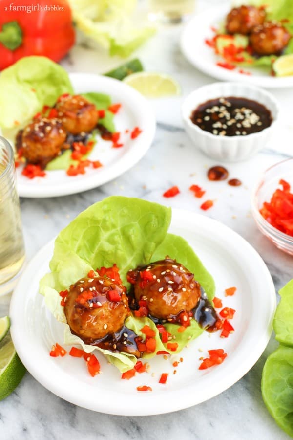 Baked Chicken Meatballs with Sweet Oyster Sauce wrapped in lettuce with red bell peppers