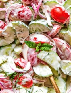 Closeup of cucumber and tomato salad with creamy dressing and fresh herbs.