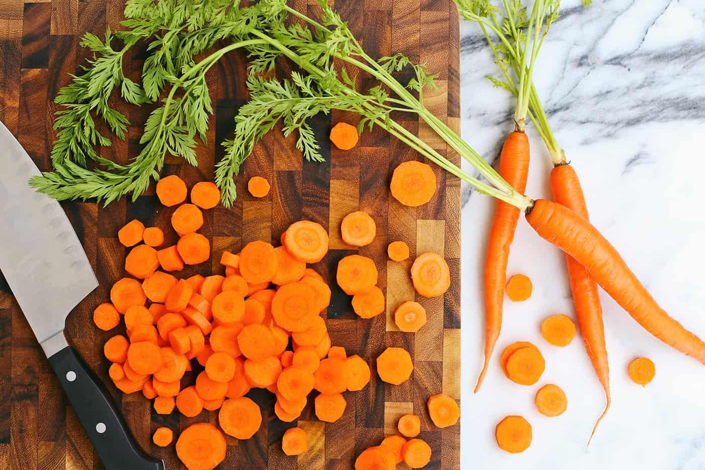 Carrots sliced on a cutting board