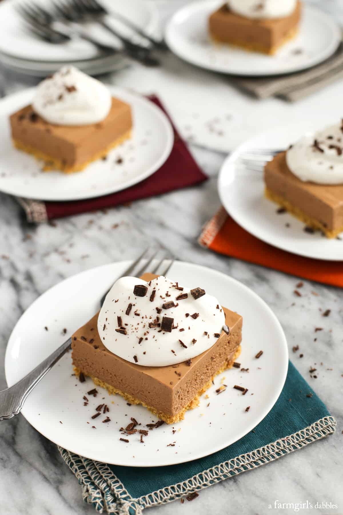 French Silk Pie Bars on white plates