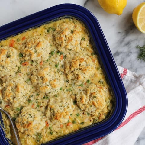 Leftover turkey casserole with biscuits in a baking dish