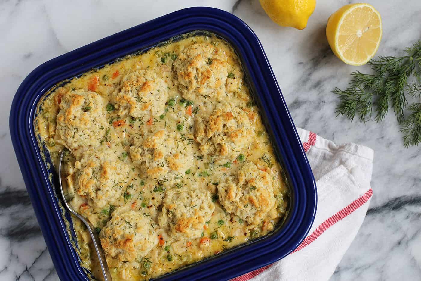 Leftover turkey casserole with biscuits in a baking dish