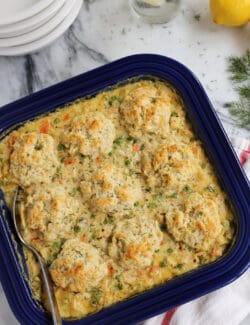 Turkey and biscuits casserole in a baking dish