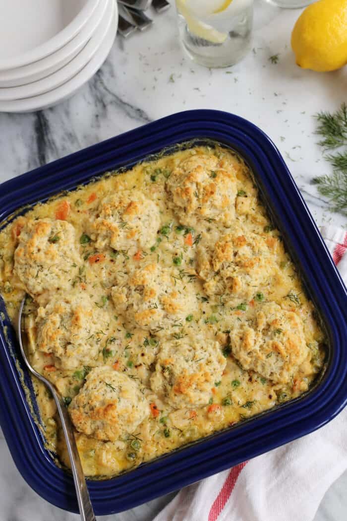 Turkey and biscuits casserole in a baking dish