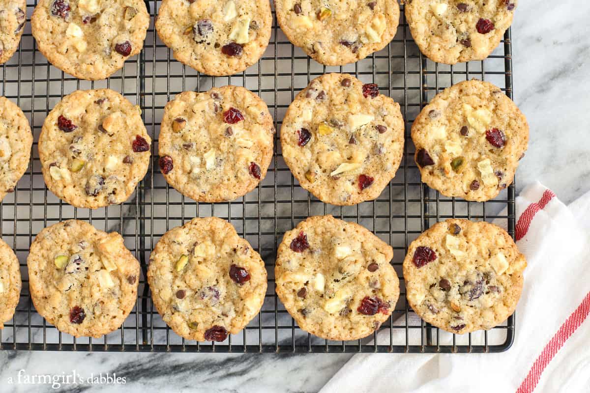 Kitchen sink cookies lined up on a cooling rack