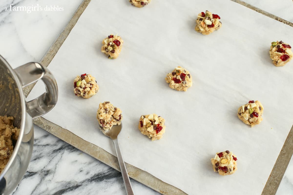 scoops of Cookie dough on a baking pan