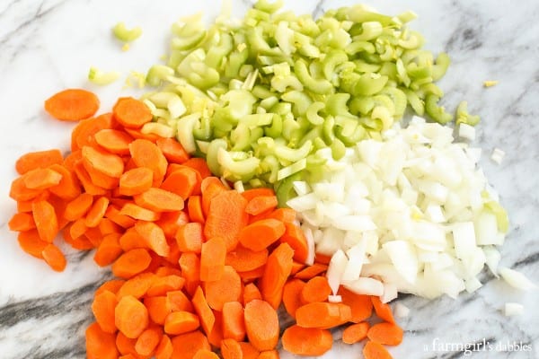 Chopped up carrots, celery and onions for soup