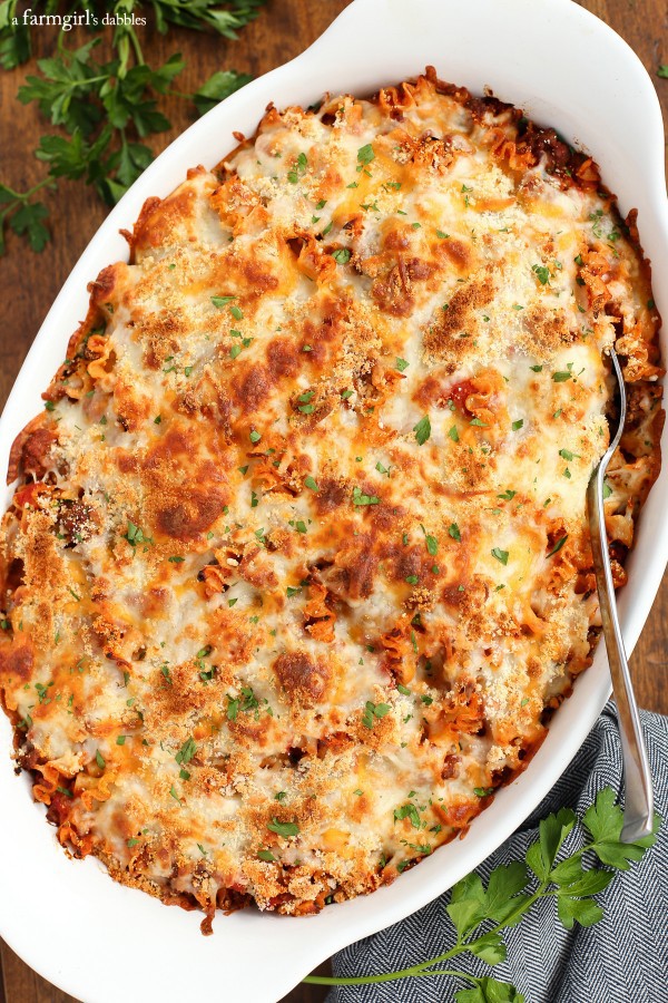 Lasagna Hotdish in a large white baking dish