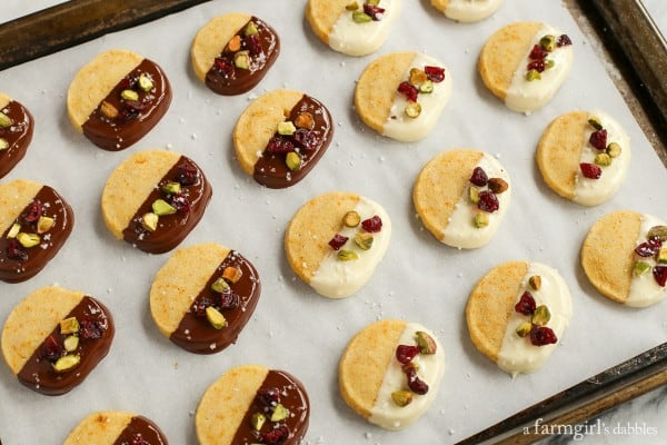 Dipped Orange Shortbread Cookies with toppings