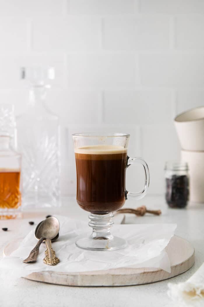 A hot buttered rum coffee in a glass