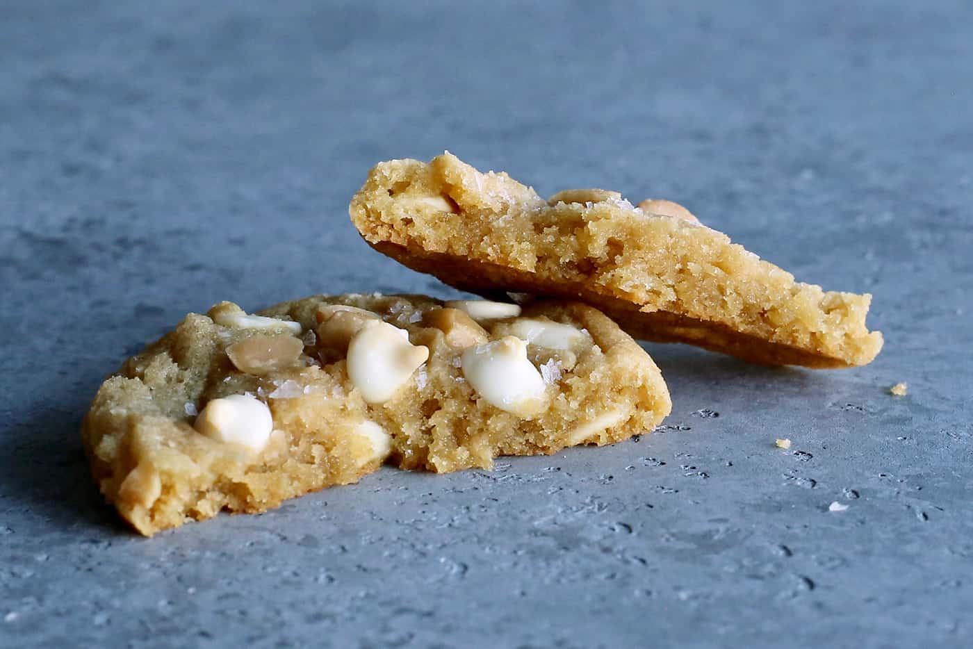 A macadamia nut cookie cut in half