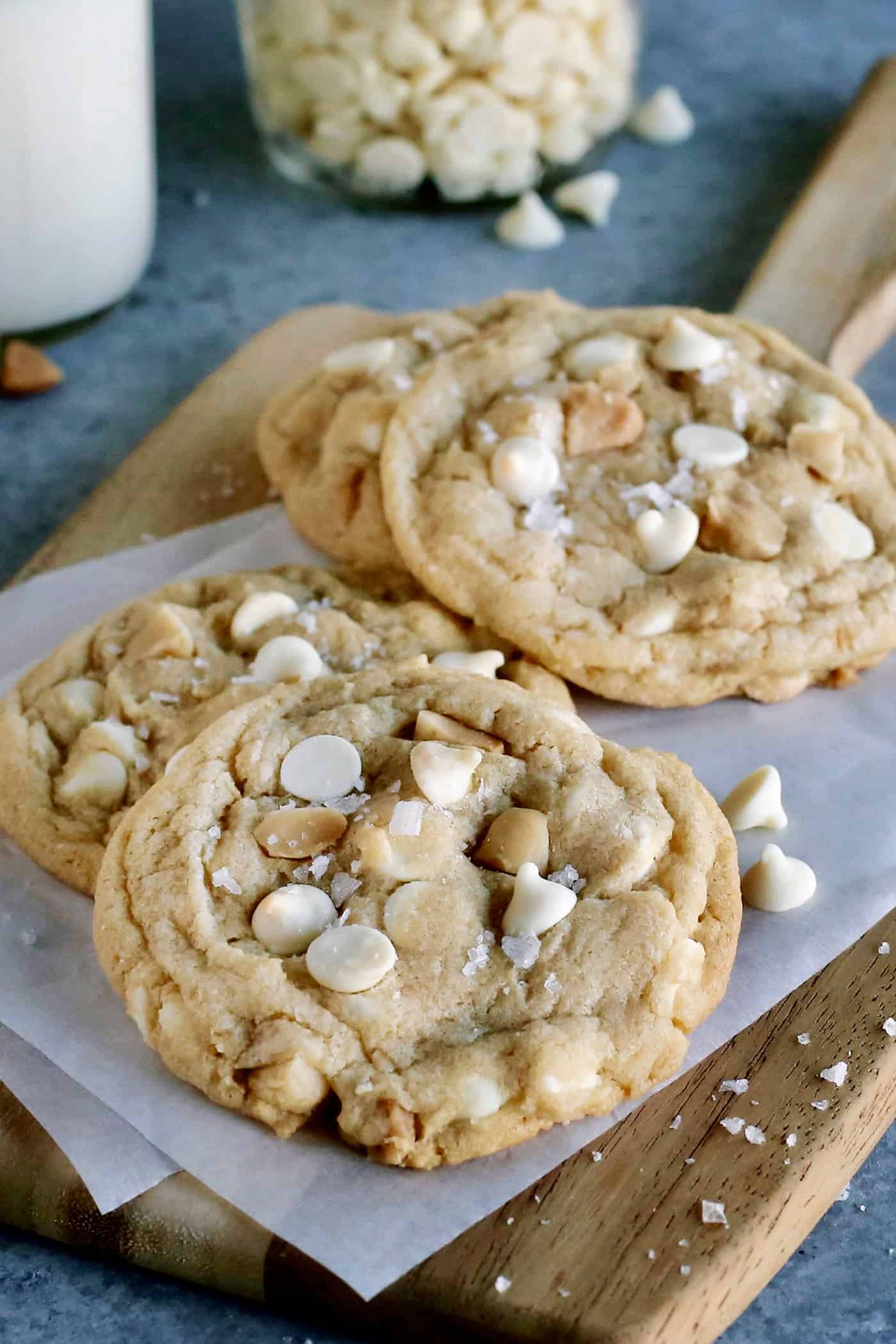 Overhead view of three macadamia nut cookies