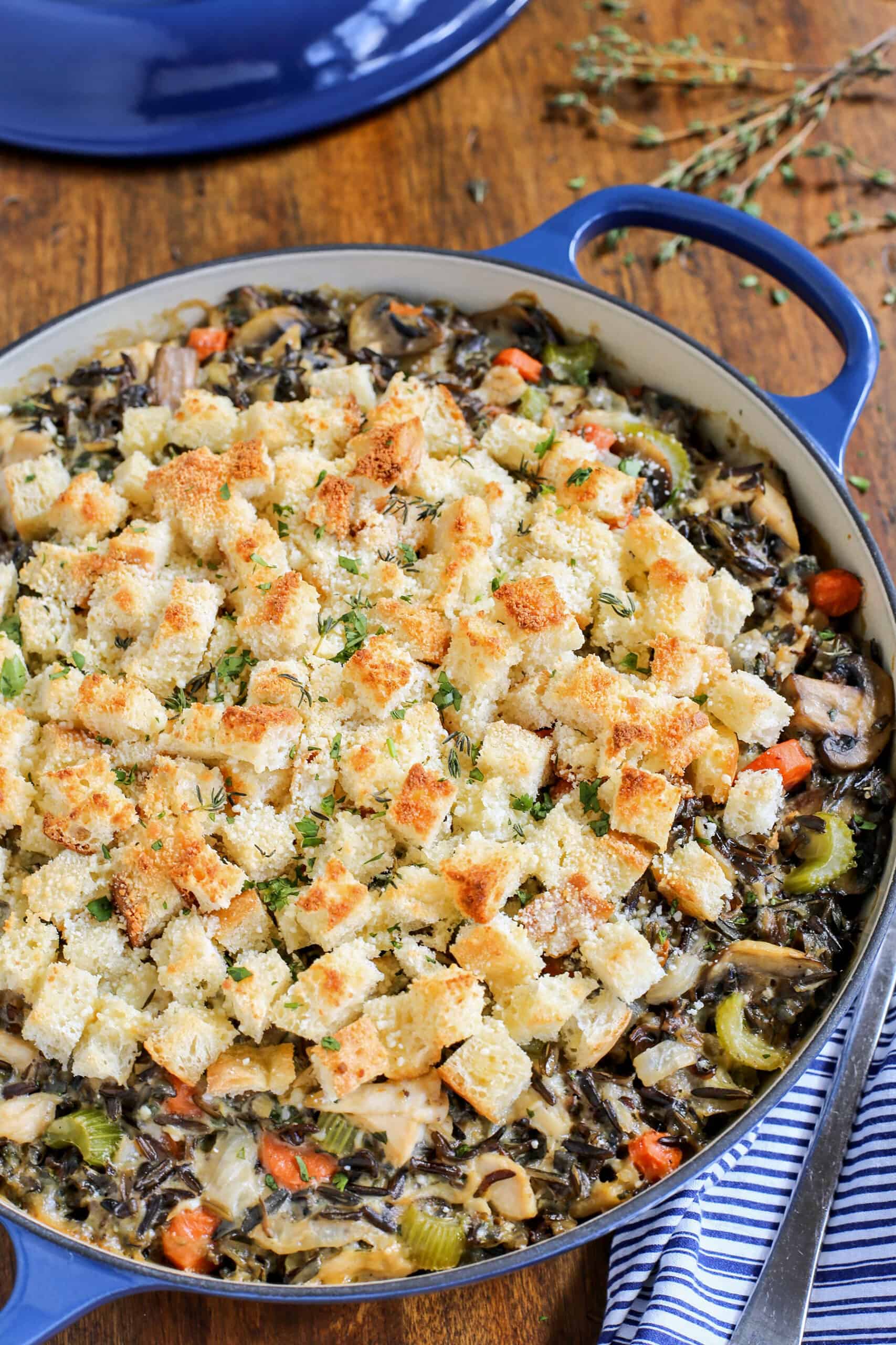 Chicken wild rice casserole in a blue casserole dish