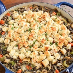 Chicken wild rice casserole topped with homemade croutons