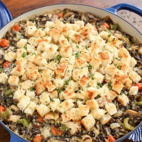 Chicken wild rice casserole topped with homemade croutons