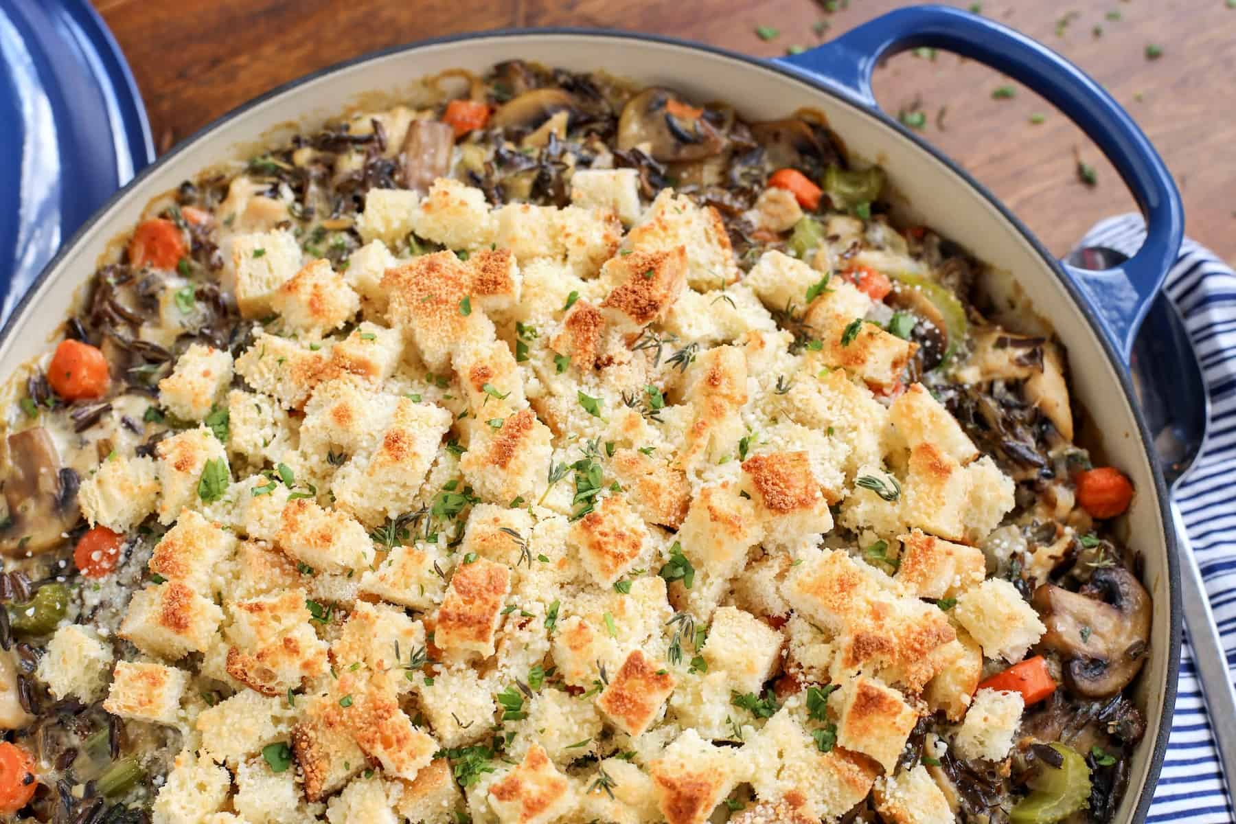 Close up of chicken wild rice casserole