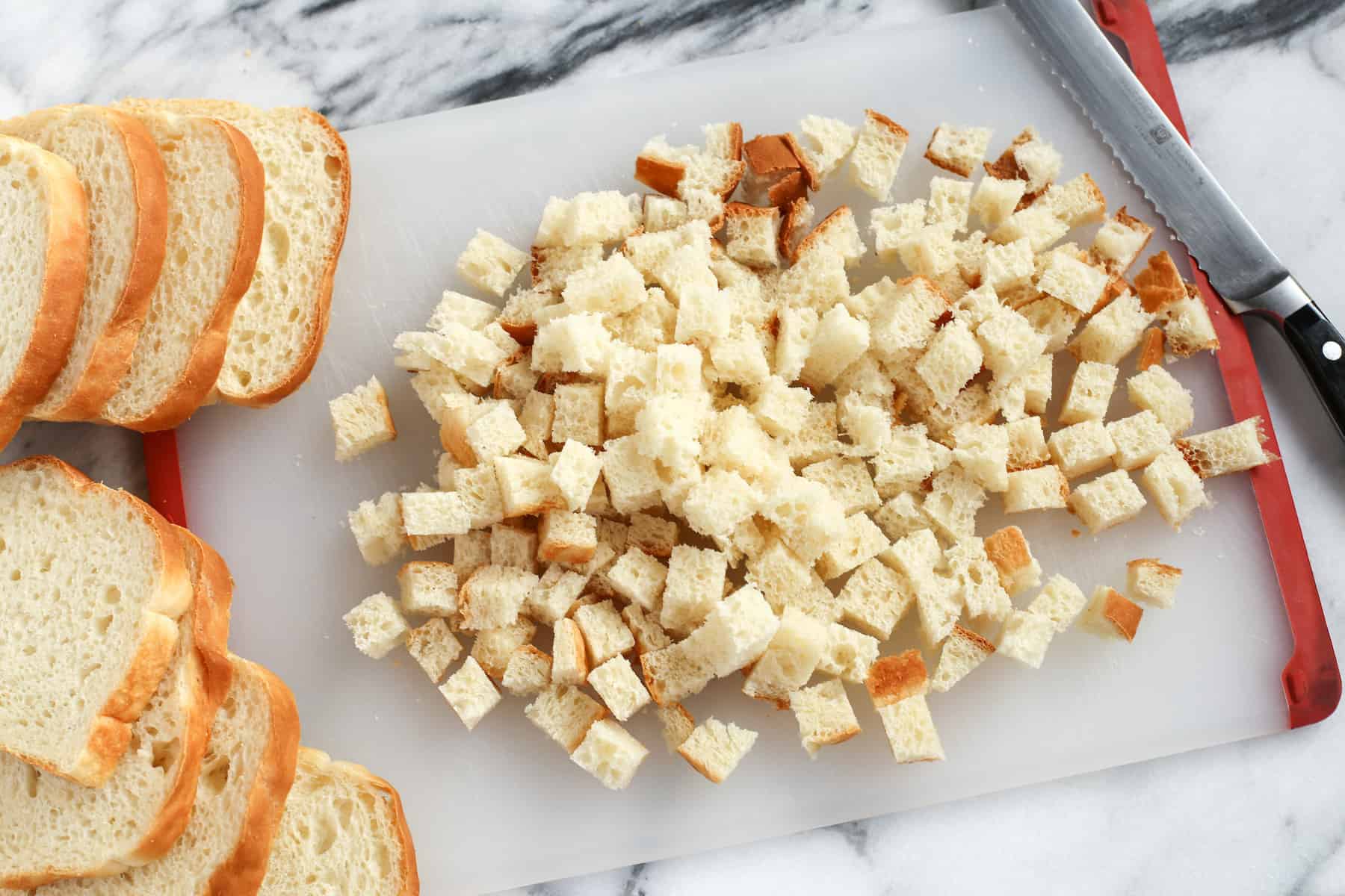 Homemade croutons on a cutting board