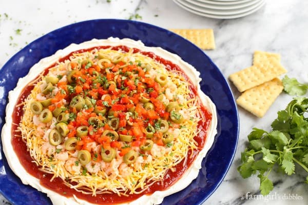 Chili Shrimp Dip with olives and peppers