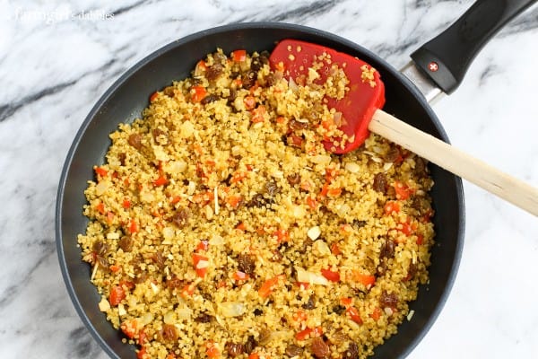 Roasted Curry Quinoa Stuffing in a stove pan