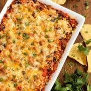 Taco Casserole in a large white baking pan with tortilla chips and fresh cilantro.