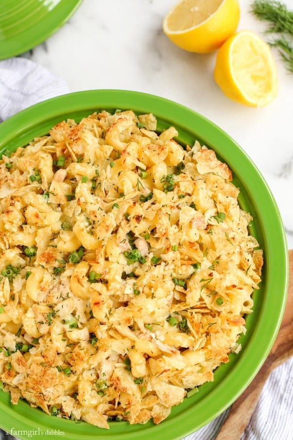 Sour Cream and Onion Tuna Noodle Casserole in a green baking dish