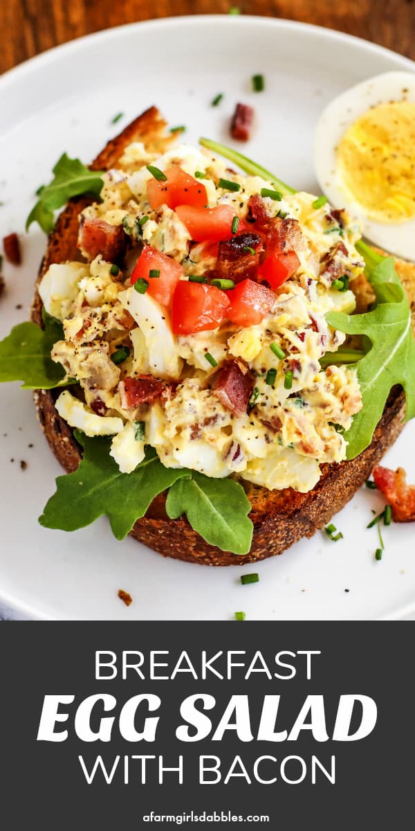 pinterest image of Breakfast Egg Salad with Bacon on a piece of toast