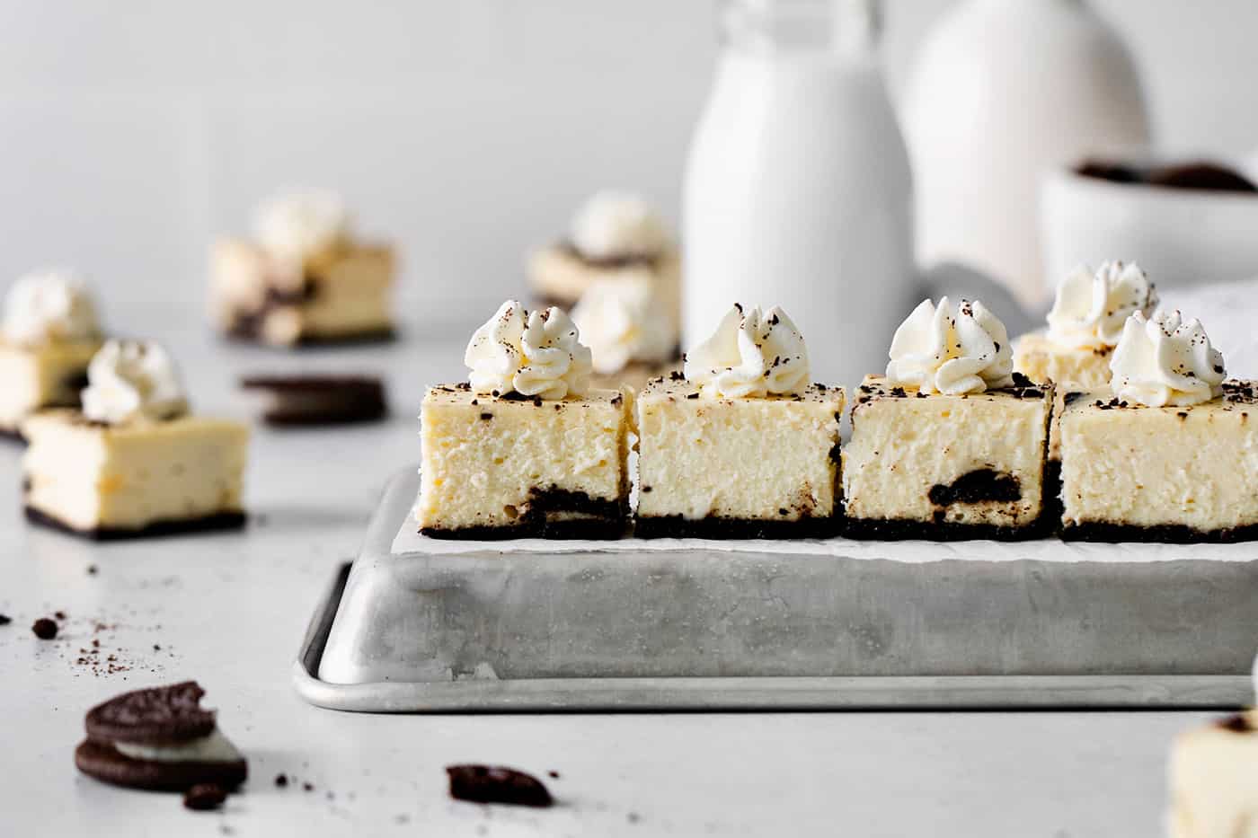 Oreo cheesecake bites on an upside down pan