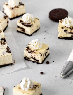 Angled overhead view of Oreo cheesecake bites