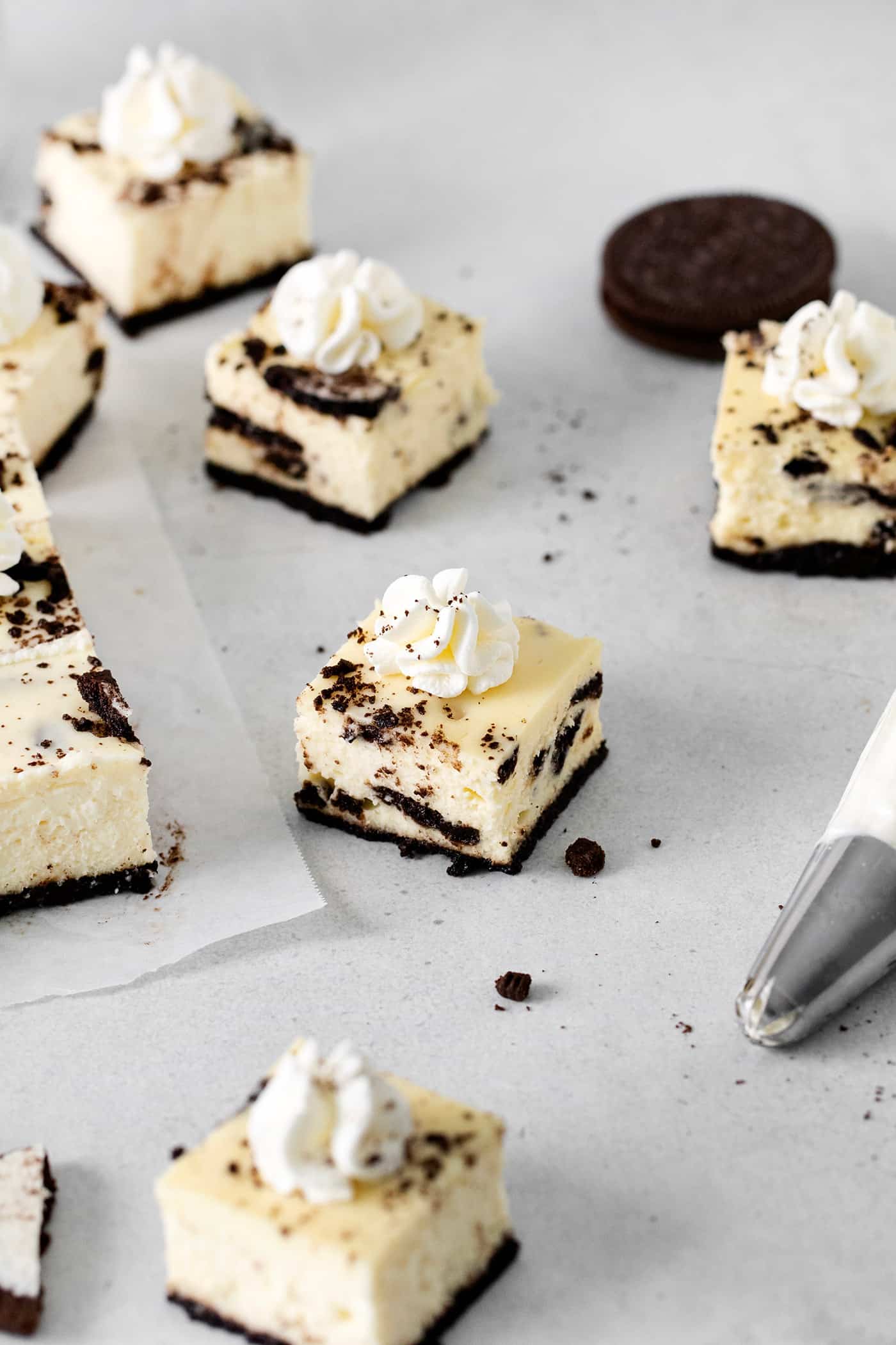 Angled overhead view of Oreo cheesecake bites