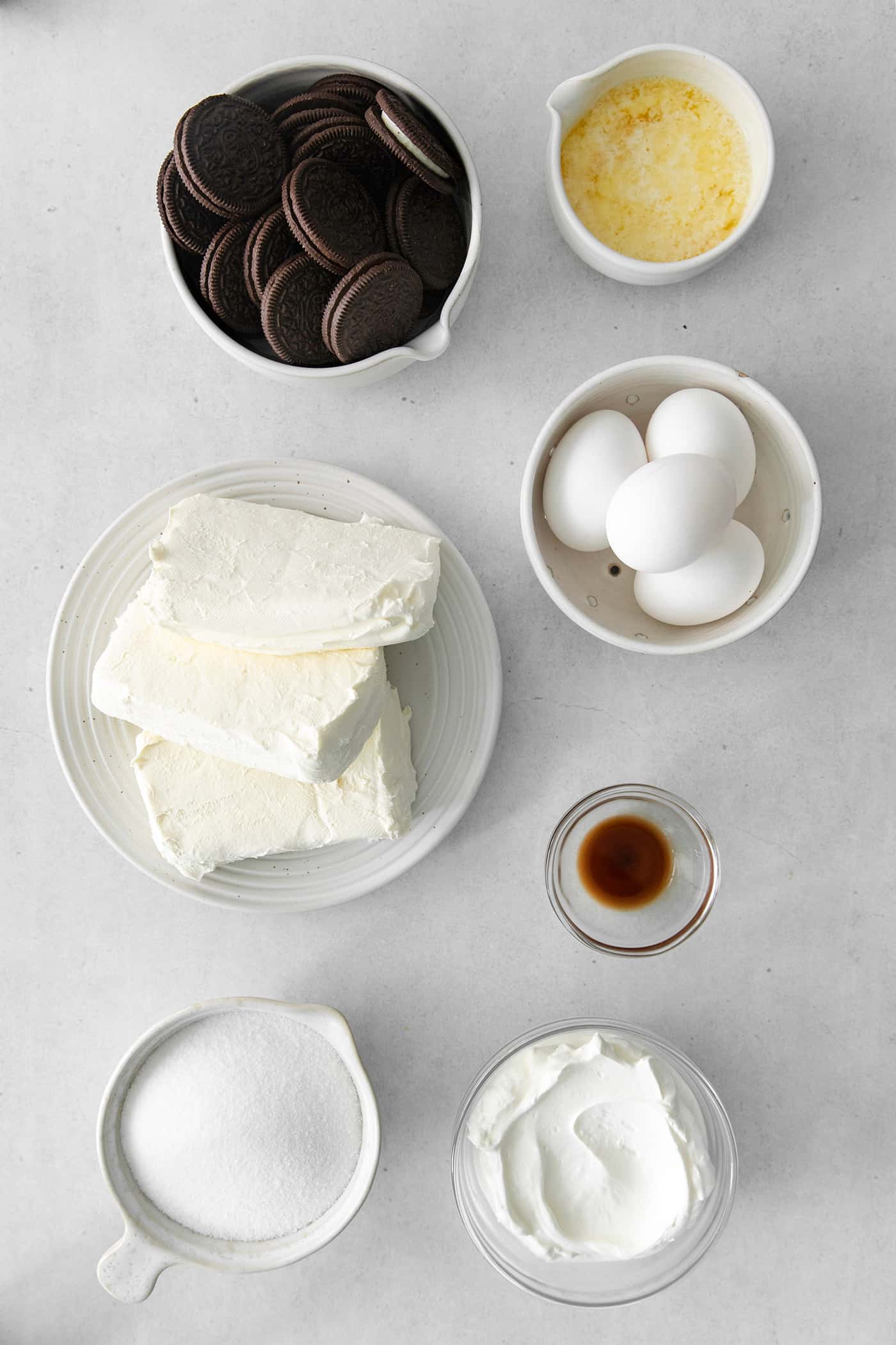 Overhead view of Oreo cheesecake ingredients