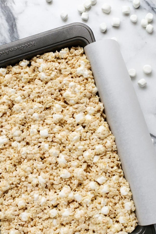 Extra-Marshmallow Rice Krispies Bars in a baking pan
