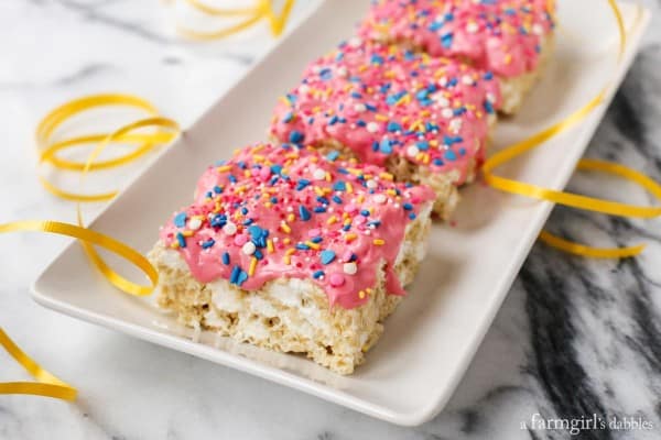 Extra-Marshmallow Rice Krispies Bars with Confetti on a plate