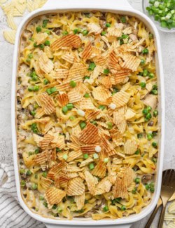 Baking dish with sour cream and onion tuna noodle casserole.
