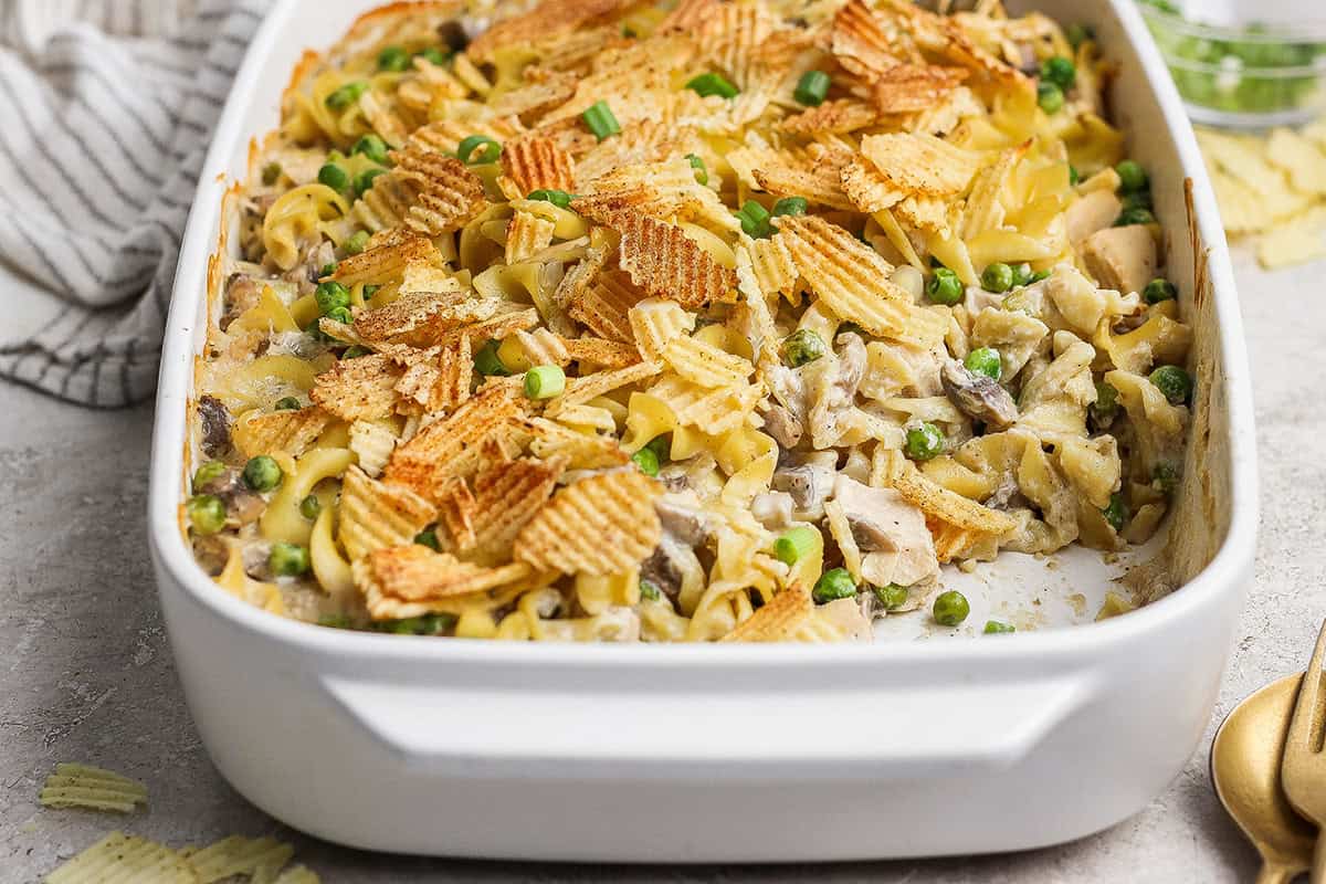 Sour cream and onion tuna noodle casserole in baking dish.