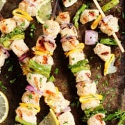 Grilled Lemon Pepper Chicken Kebabs with asparagus and red onions