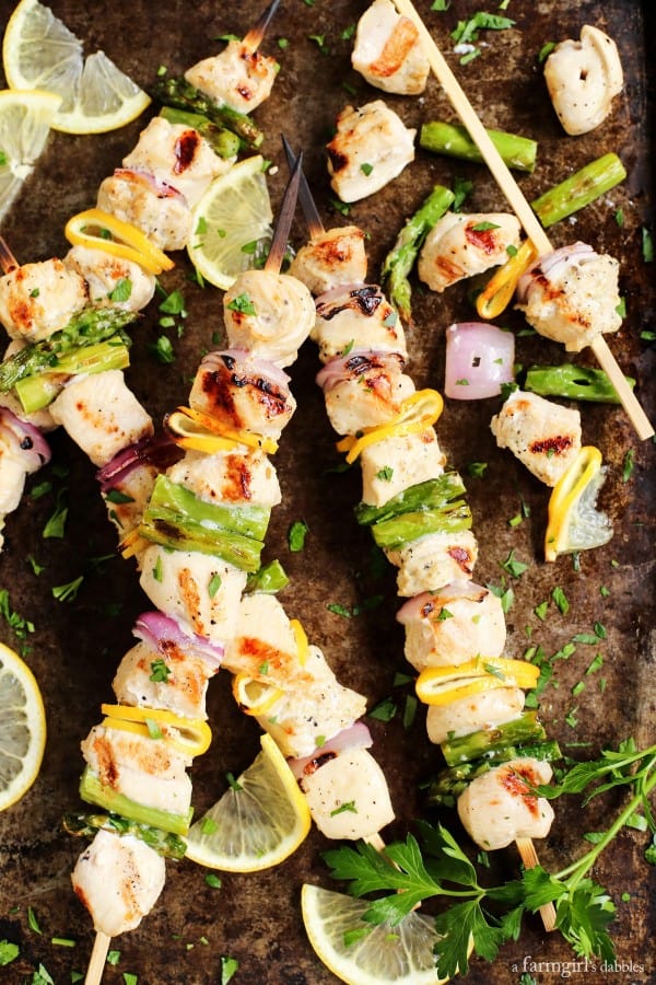 Grilled Lemon Pepper Chicken Kebabs with asparagus and red onions