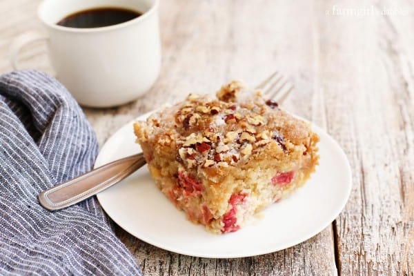 Rhubarb Nut Coffee Cake with a blue striped napkin