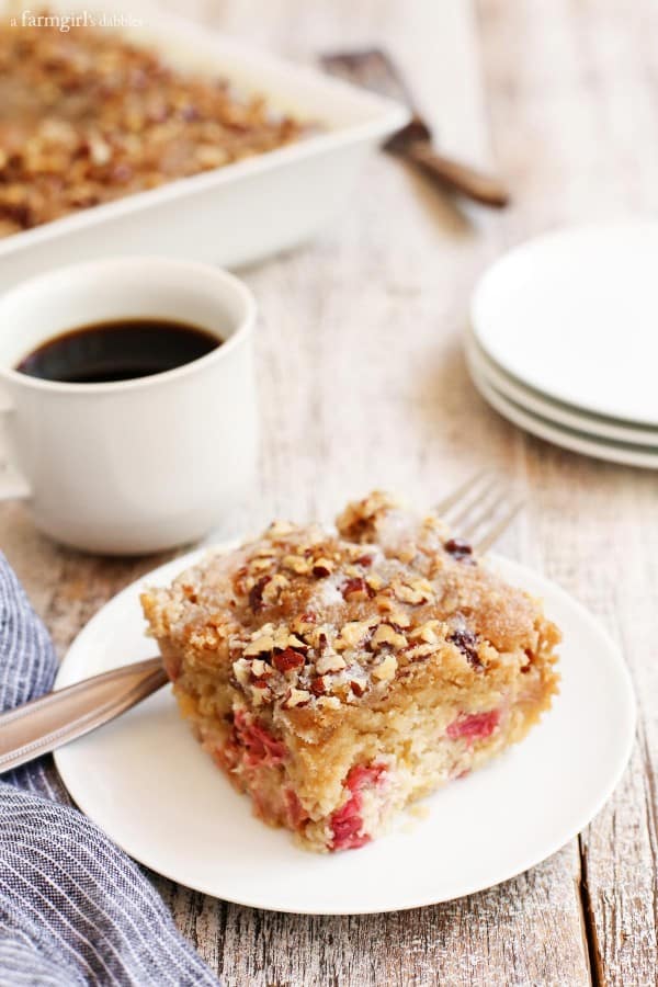 Rhubarb Nut Coffee Cake with a mug of coffee