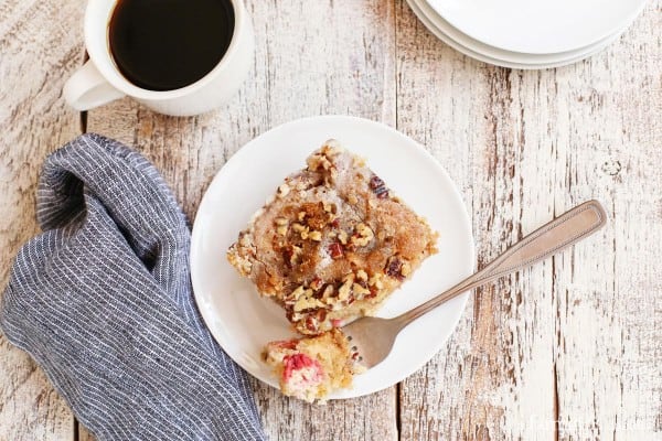 overhead view of a slice of Rhubarb Nut Coffee Cake