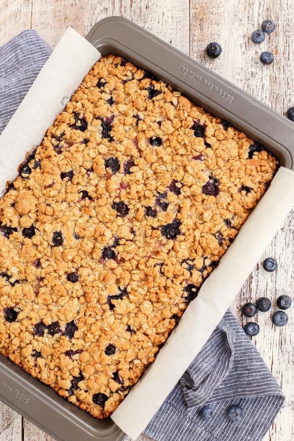 Blueberry Oat Crumble Bars in a baking pan